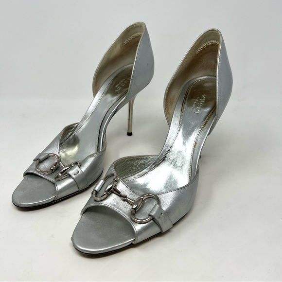 GUCCI Silver Leather Horsebit Open Toe Pumps Size 39 authentic Preowned - Picture 3 of 8